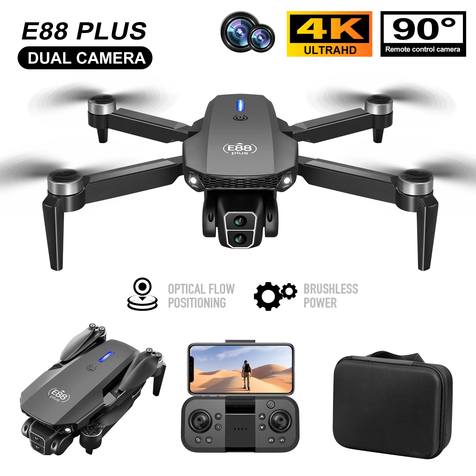 New E88 Plus Quadcopter Drone: - Drone Gimbal Brushless のレビューと価格